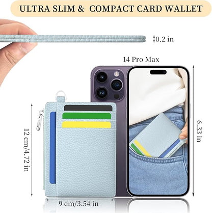 Hancynir Slim Wallet Women Credit Card Holder, Minimalist RFID Blocking Small Mini Card Wallets, Cute Front Pocket PU Leather Card Case, Thin Travel Zipper Coin Cash Ladies Female Wallet Gifts Blue