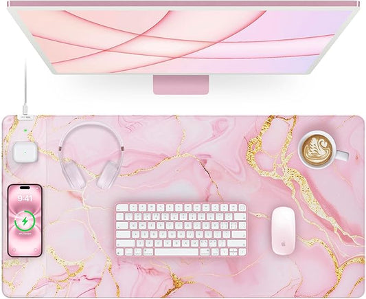 Pink Marble Mouse Pad with 15W Wireless Charging, 31.5"x15.8" Large Gaming Desk Pad/Mat for Women Girls, Waterproof Ultra-Smooth Surface, Non-Slip Base