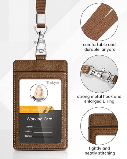 Teskyer Badge Holder with Lanyard, Leather ID Name Badge Card Holder with Lanyard for ID Badges, Vertical, Lychee Pattern Coffee