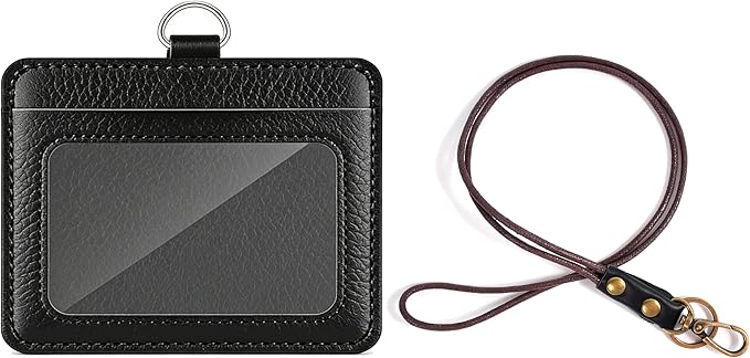 Leather ID Badge Holder with Lanyard for Women and Men, Horizontal ID Card Holder, 2 Card Slots, 22 Inch Neck Lanyard for Work, School, Office
