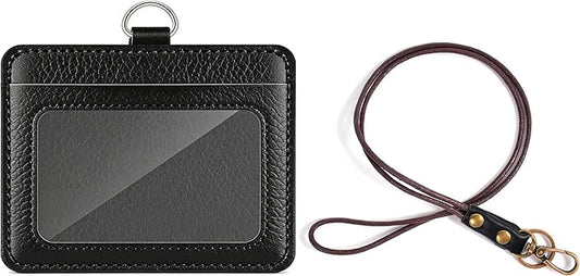 Leather ID Badge Holder with Lanyard for Women and Men, Horizontal ID Card Holder, 2 Card Slots, 22 Inch Neck Lanyard for Work, School, Office