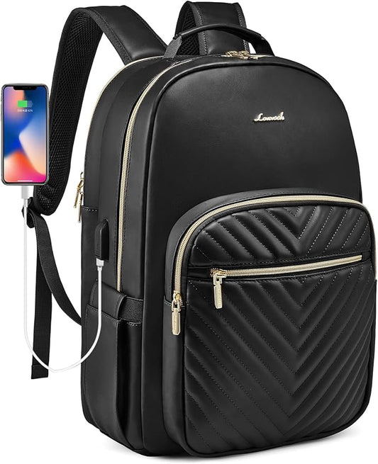 LOVEVOOK Laptop Backpack Purse for Women, Large Capacity Travel Computer Work Bag, Faux PU Leather Quilted Casual Nurse Backpack for Womens, Fit 15.6 Inch Laptop with USB Port, Black