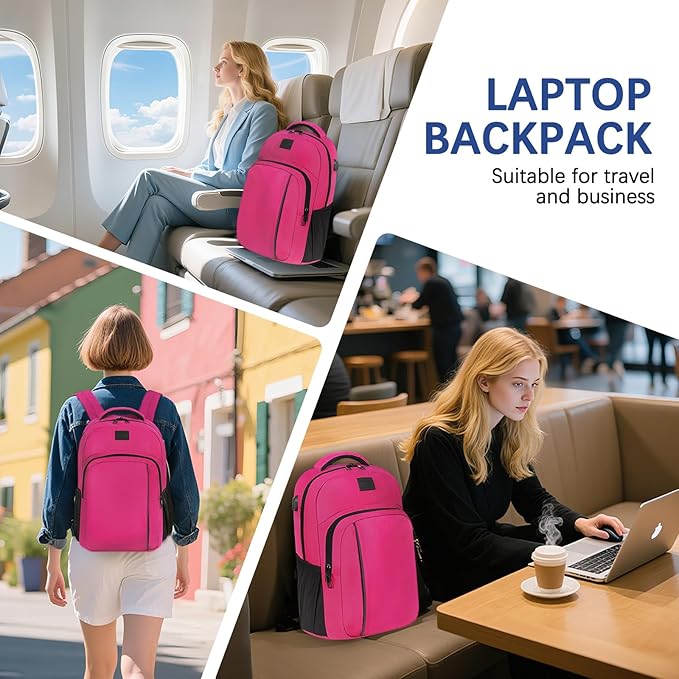 LARIPOP Carry On Backpack for Airplane, 17.3 Inch Laptop Backpack with USB Charging Port, Water Resistant Business Travel Backpack, Lightweight College School Bookbag Anti Theft for Men Women, Rose