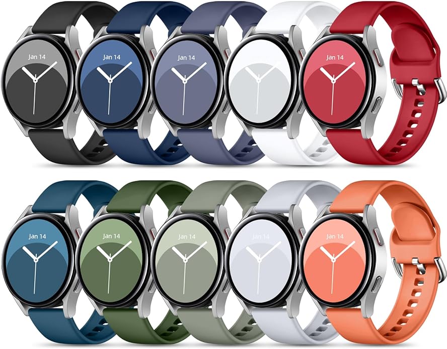 DaQin 10 Pack Bands Compatible with Samsung Galaxy Watch 7/6/5/4 40mm 44mm/Watch 6 Classic 43mm 47mm/Watch 5 Pro 45mm/Watch 4 Classic/Active 2 Band, 20mm Soft Silicone Sport Strap Wristbands Women Men