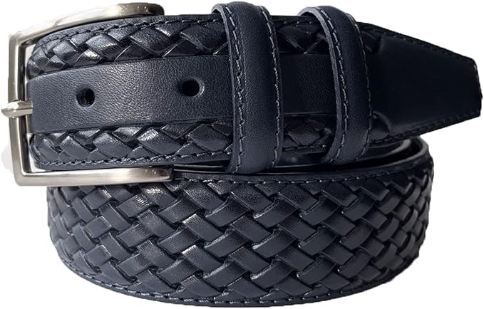 MENS ITALIAN HAND MADE LEATHER BRAID WEAVED EMBOSSED 35MM TROUSER BELT CASUAL FORMAL