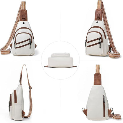 Leresas 7L Crossboydy Sling Bag for Women Vegan Leather Crossbody Purse Fanny Pack Chest Bag for Travel, Beige