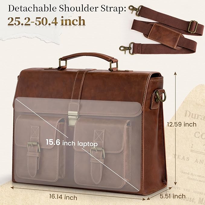 RAINSMORE Mens Messenger Bag 15.6 Inch Leather Vintage Laptop Briefcase Waterproof Computer Laptop Bag Leather Satchel Bag Large Shoulder Bag for Office Work Travel College, Brown