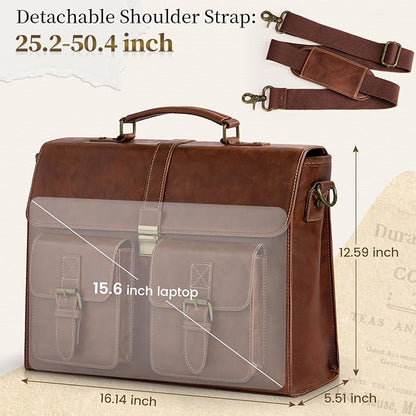 RAINSMORE Mens Messenger Bag 15.6 Inch Leather Vintage Laptop Briefcase Waterproof Computer Laptop Bag Leather Satchel Bag Large Shoulder Bag for Office Work Travel College, Brown