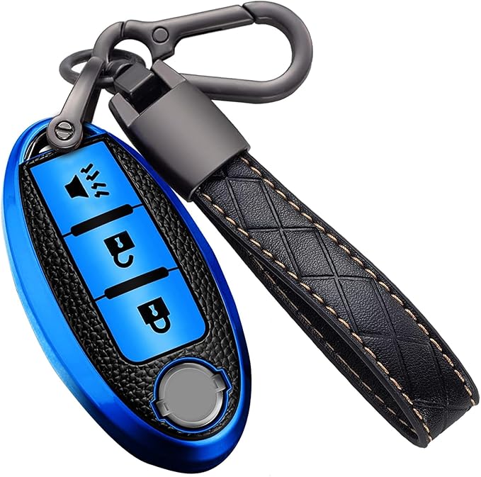 Montague Key Fob Cover for Nissan with Keychain Accessories, Premium TPU Full Protection Key Case for Pathfinder Rogue Kicks Murano Frontier Armada Versa Juke Titan Smart Key Shells (3-Buttons, Blue)