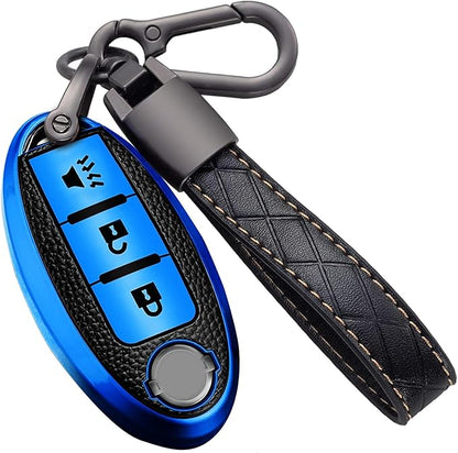 Montague Key Fob Cover for Nissan with Keychain Accessories, Premium TPU Full Protection Key Case for Pathfinder Rogue Kicks Murano Frontier Armada Versa Juke Titan Smart Key Shells (3-Buttons, Blue)