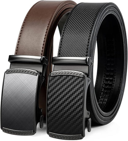 2 Pack Ratchet Belt 1 3/8", Mens leather Dress Belt in Gift Set Size 28"-62" Adjustable waist Trim to Fit