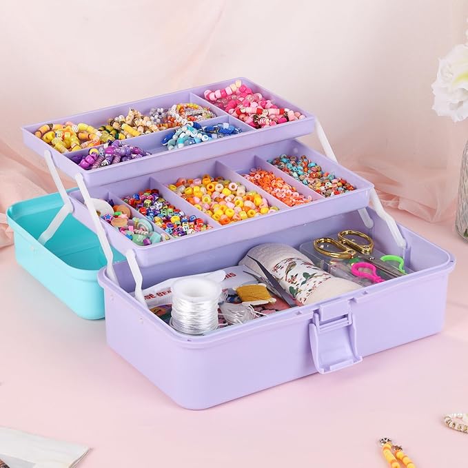 Sewing Box, 3-Layer Craft Organizers Portable Folding Toolbox, Plastic Tool Box with Handle for Sewing Supplies, Medicine, Art Supplies, Nails and Hair Accessories 12.5inch