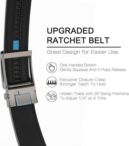 GAEKEAO Ratchet Belt for Men Genuine Leather 1 3/8" - Micro-Adjust Buckle Trim to Fit Dress Belt Casual to Formal Gift Boxed