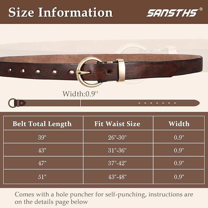 SANSTHS Womens Genuine Leather Belts for Jeans Pants Trendy Vintage Thin Leather Belt Gold Buckle Ladies Skinny Waist Belt