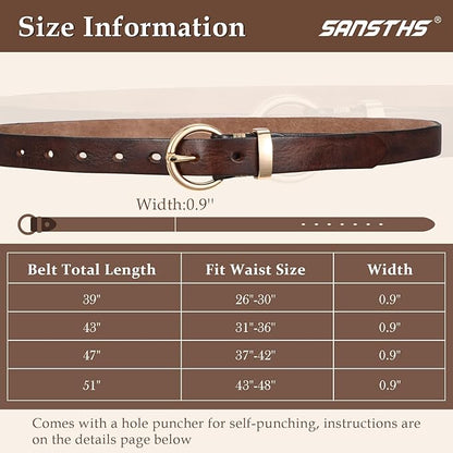 SANSTHS Womens Genuine Leather Belts for Jeans Pants Trendy Vintage Thin Leather Belt Gold Buckle Ladies Skinny Waist Belt