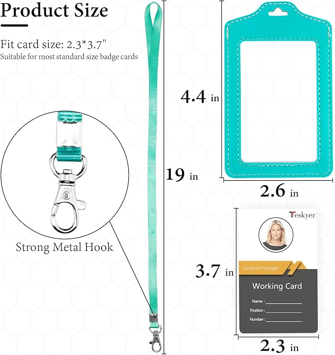 Teskyer 2 Pack of Double Sided Clear Badge Holder with Lanyard, PU Leather ID Badge Name Card Holder with Stainless Steel J-Hook Nylon Lanyard for Work ID, School ID, Metro Card, Access Card, Cyan