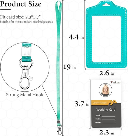 Teskyer 2 Pack of Double Sided Clear Badge Holder with Lanyard, PU Leather ID Badge Name Card Holder with Stainless Steel J-Hook Nylon Lanyard for Work ID, School ID, Metro Card, Access Card, Cyan