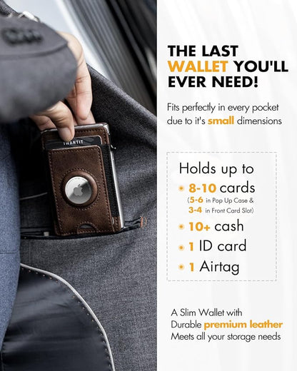 iwantit Slim Airtag Wallet for Men: Pop Up Bifold Wallet with Detachable Money Clip ID Window for Air Tag(1st & 2nd Generation) - RFID Blocking for 8-10 Cards Cash - Gift Box Included (Brown)