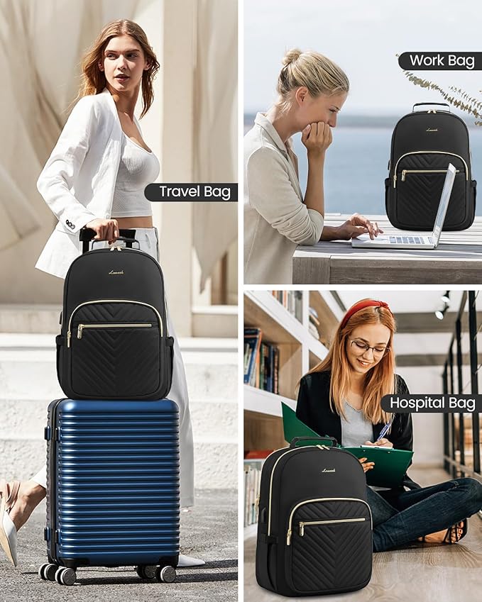 LOVEVOOK Laptop Backpack for Women, Travel Computer Work Bags with 17-inch Laptop Compartment, College School Student Bag Teen Backpacks For Girls, Hiking Outdoor Carry On Backpack Purse, Black