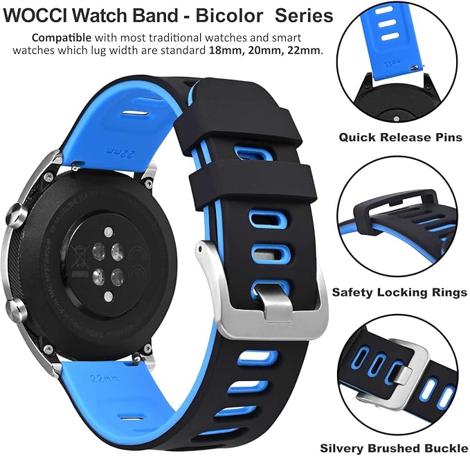 WOCCI 19mm Bicolor Watch Band, Silicone Rubber, Quick Release Replacement Strap for Men and Women, Silver Stainless Steel Buckle (Black-Blue)