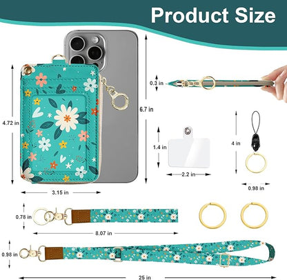 Lanyard Wallet, PU Leather Flower Lanyards for ID Badges, RFID Blocking, Detachable Phone Lanyard Keychain Wristlet Wallet, ID Badge Holder with Zipper Pocket for Office School Business