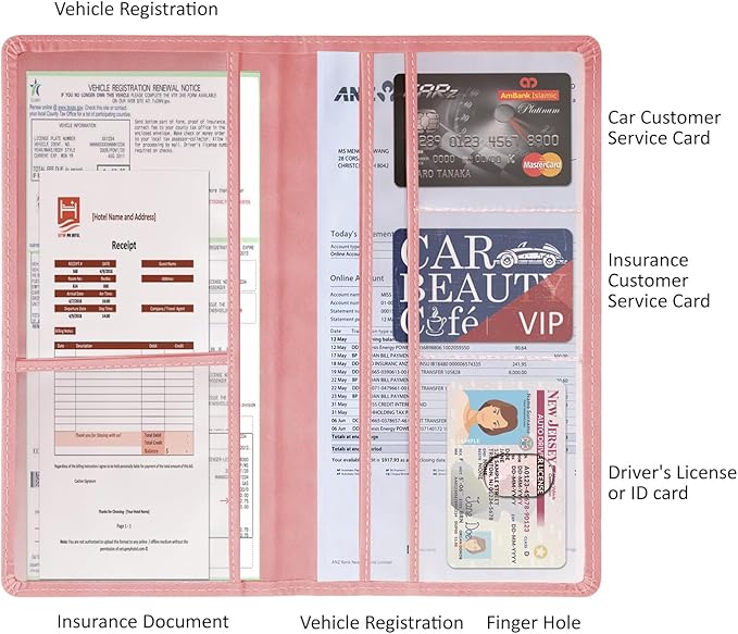Car Accessories Registration and Insurance Holder,Leather Essential Card Magnetic Shut Vehicle Glove Box Organizer Case for Auto Driver License Document Truck Motorcycle Boat-Pink