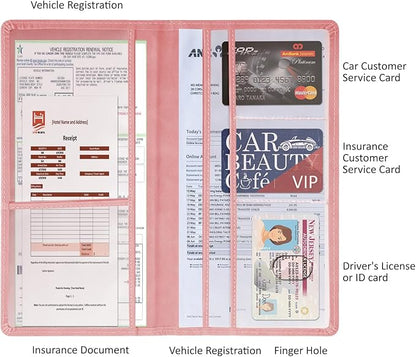 Car Accessories Registration and Insurance Holder,Leather Essential Card Magnetic Shut Vehicle Glove Box Organizer Case for Auto Driver License Document Truck Motorcycle Boat-Pink