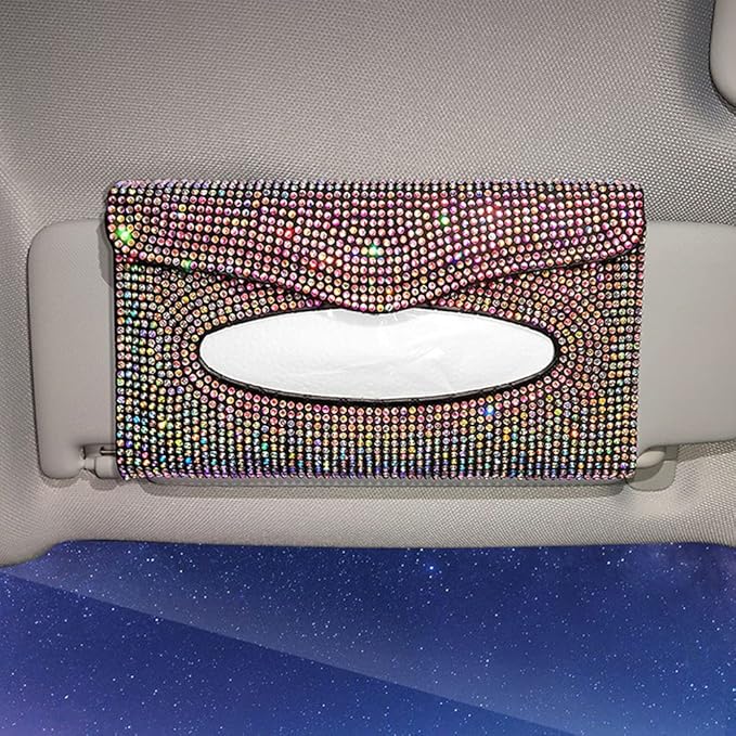 Bling Car Sun Visor Tissue Box Holder Pure Hand-Made Sparkling Crystal Auto Napkin Holder PU Leather Backseat Tissue Case for Women (Green)