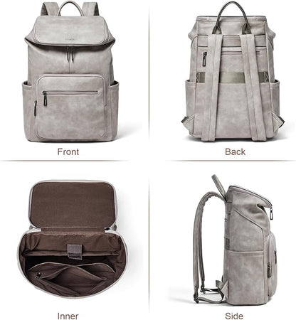 Leather Laptop Backpack for Women, 15.6 Inch Travel Backpack with Laptop Compartment, Casual Daypack Fashion Travel Backpack Purse for Travel College Work, Grey