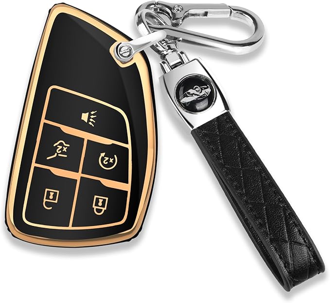 QBUC for Chevy Key Fob Cover with Keychain Soft TPU Protection Case Compatible with 2021-2026 Chevy Equinox Blazer Tahoe Suburban GMC Yukon Denali Silverado 5-Buttons(Gold Trim Black)