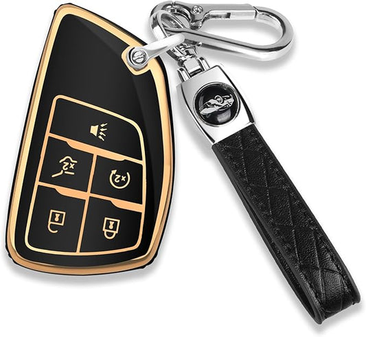 QBUC for Chevy Key Fob Cover with Keychain Soft TPU Protection Case Compatible with 2021-2026 Chevy Equinox Blazer Tahoe Suburban GMC Yukon Denali Silverado 5-Buttons(Gold Trim Black)