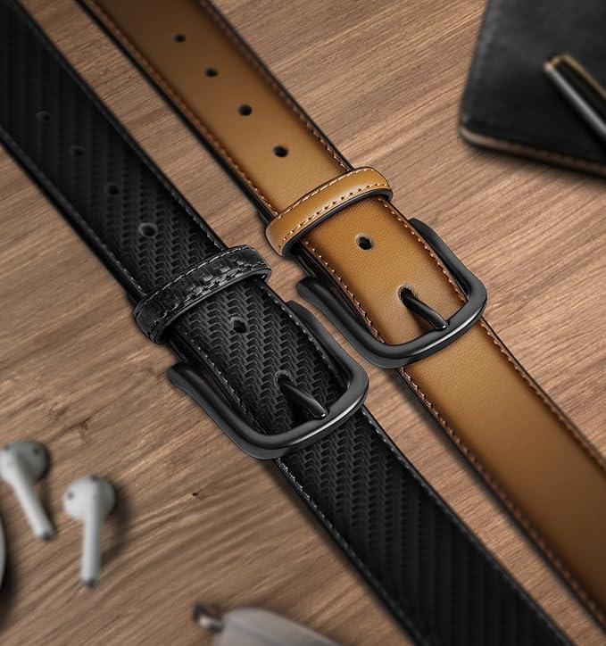 BULLIANT Men Belt 2Pack-Leather Belt 7Holes Comfortable For Men's Dress Casual Jeans 1 3/8"