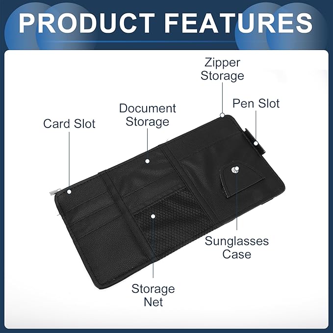 Car Sun Visor Organizer, Auto Visor Storage Pouch with Zipper W/Elastic Slot with Sunglasses Holder for Cards License Pen Organizer PU Leather Black