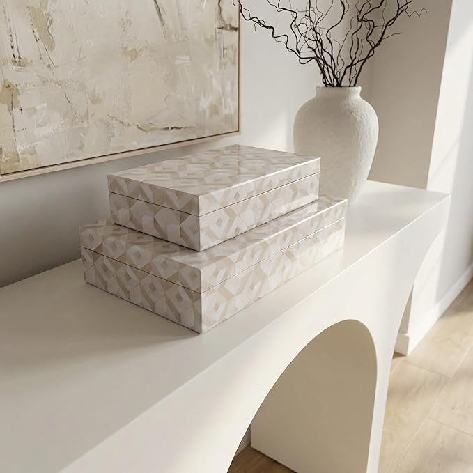 ZICOTO Decorative Storage Boxes with Lids - Set of 2 Beautiful Organizer Bins for Your Bookshelf Home Decor - Safely Store Photos, Documents and Memory Box Keepsakes on Your Shelves in Style