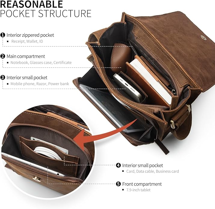 Augus Leather Messenger Crossbody Shoulder Bag for Men Work Business Casual Adjustable straps With YKK Metal Zipper