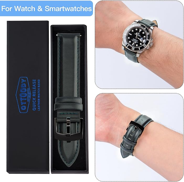OTTOODY Leather Watch Bands Quick Release, Elegant Top Grain Leather Watch Straps for Men & Women, Choice of Color & Width - 18mm, 19mm, 20mm, 21mm or 22mm Wristbands Bracelet for Watch & Smartwatch