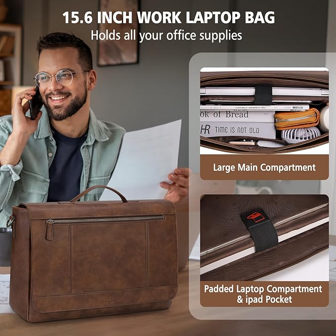 RAINSMORE Leather Messenger Bag for Men 15.6 Inch Laptop Bag Vintage Briefcase Large Computer Bag Satchel Shoulder Bag For College, Work, Business, Office, Brown