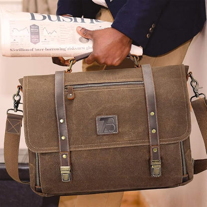 Manificent Laptop Messenger bag for Mens 15.6 Inch, Waterproof Vintage Genuine Leather Mens Briefcase shoulder bag 16 Storage Pockets, Waxed Canvas Leather Computer Business Satchel Work Bag (Brown)