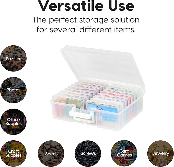 IRIS USA 4" x 6" |Made in USA| Photo Organizers and Picture Storage Box with Handle, 16 Inner Cases/Containers for Tasks, Stickers, Ephemera, & Flashcards - Clear