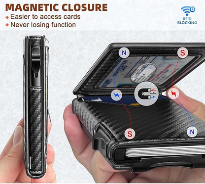 Genuine Leather Wallet for Men Slim Magnetic Flip Bifold with Money Clip and Metal Card Case Holds 9 Cards Ideal for Gifts and Daily Use (Black-02)