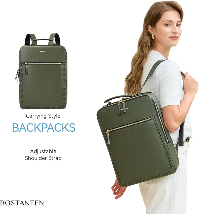 BOSTANTEN Leather Backpack 15.6 inch Laptop Bag Travel Casual Computer Backpack College Business Work Shoulder Bags with Trolley Sleeve for Women Men Olive Green