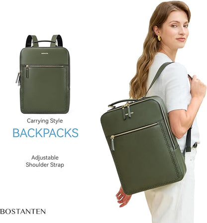 BOSTANTEN Leather Backpack 15.6 inch Laptop Bag Travel Casual Computer Backpack College Business Work Shoulder Bags with Trolley Sleeve for Women Men Olive Green