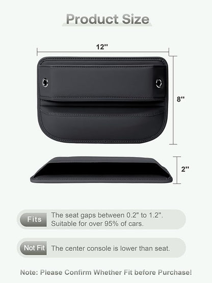 Premium Leather Car Seat Gap Filler Organizer (0.2”-1.2" Gaps), Clever Gifts for Car SUV Truck Owners (Black, 2 Pack)