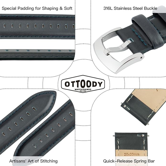 OTTOODY Leather Watch Bands Quick Release, Elegant Top Grain Leather Watch Straps for Men & Women, Choice of Color & Width - 18mm, 19mm, 20mm, 21mm or 22mm Wristbands Bracelet for Watch & Smartwatch