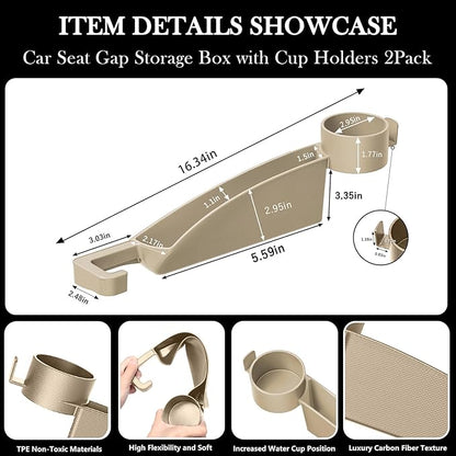 Car Seat Gap Filler Set of 2, Upgraded Car Side Seat Gap Fillers with Organizer, Cup Holder & Hook Function, Inserts Between Front Seats Console Catcher 4in1 Gap Stopper Fill Plug Storage Box (Beige)