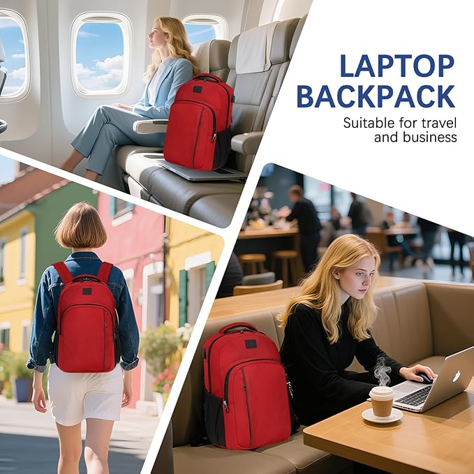 LARIPOP Carry On Backpack for Airplane, 17.3 Inch Laptop Backpack with USB Charging Port, Water Resistant Business Travel Backpack, Lightweight College School Bookbag Anti Theft for Men Women, Red