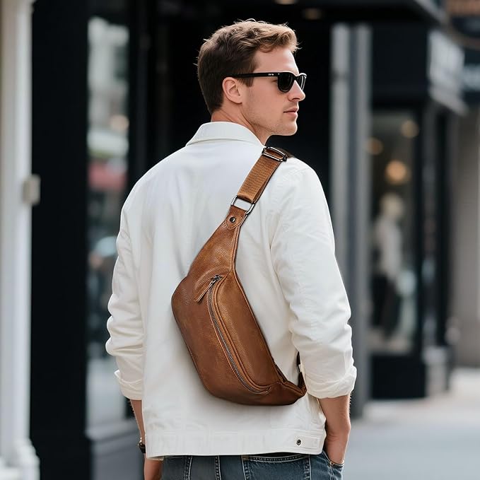 Faux Leather Belt Bag for Men, Crossbody Sling Bag with Adjustable Strap, Back Zipper Pocket, Large Capacity Waist Pack for Travel, Work, Textured Brown