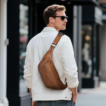 Faux Leather Belt Bag for Men, Crossbody Sling Bag with Adjustable Strap, Back Zipper Pocket, Large Capacity Waist Pack for Travel, Work, Textured Brown