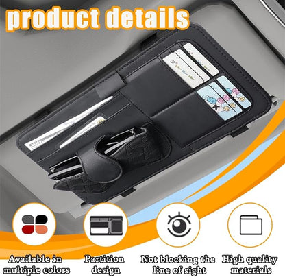 Car Sun Visor Organizer, Leather Multi Pocket Vehicle Visor Storage Pouch for Sunglasses Card License, Multifunctional Auto Interior Organization Accessories, Universal Fit (Black)