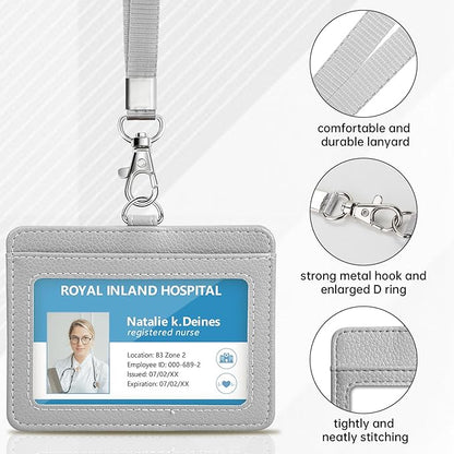 Teskyer Badge Holder with Lanyard, Leather ID Name Badge Card Holder with Lanyard for ID Badges, Horizontal, Lychee Pattern Grey